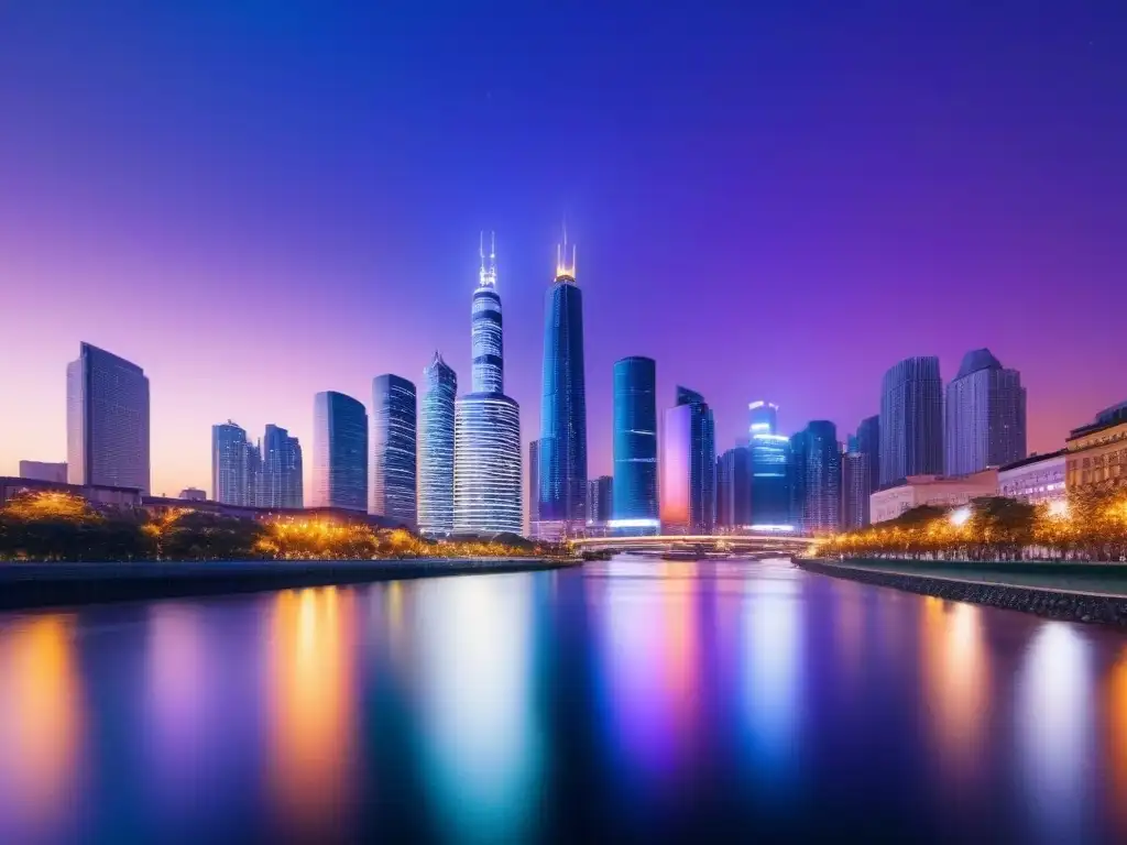 Horizonte urbano moderno de noche: vibrante y sofisticado Retiro inversiones inmobiliarias online: Skyline urbano moderno al atardecer, rascacielos iluminados reflejados en río