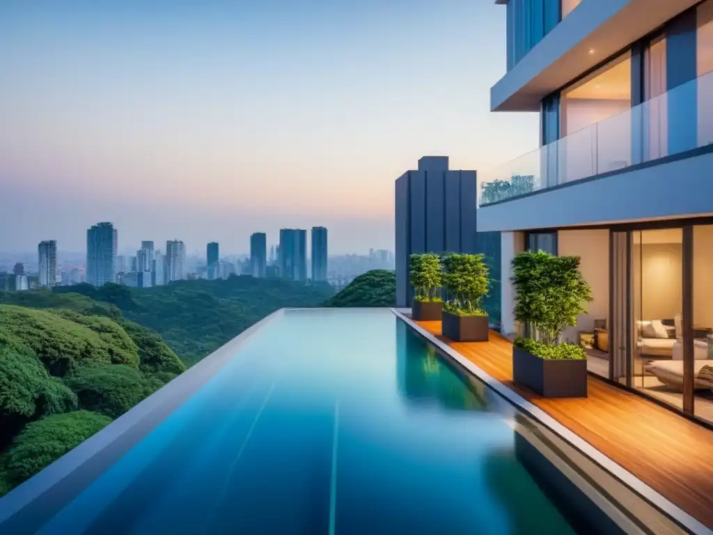 Moderno rascacielos de lujo en CDMX con piscina infinita en la azotea Retorno inversión bienes raíces México: lujoso edificio de apartamentos con piscina en la azotea y diseño arquitectónico moderno en CDMX