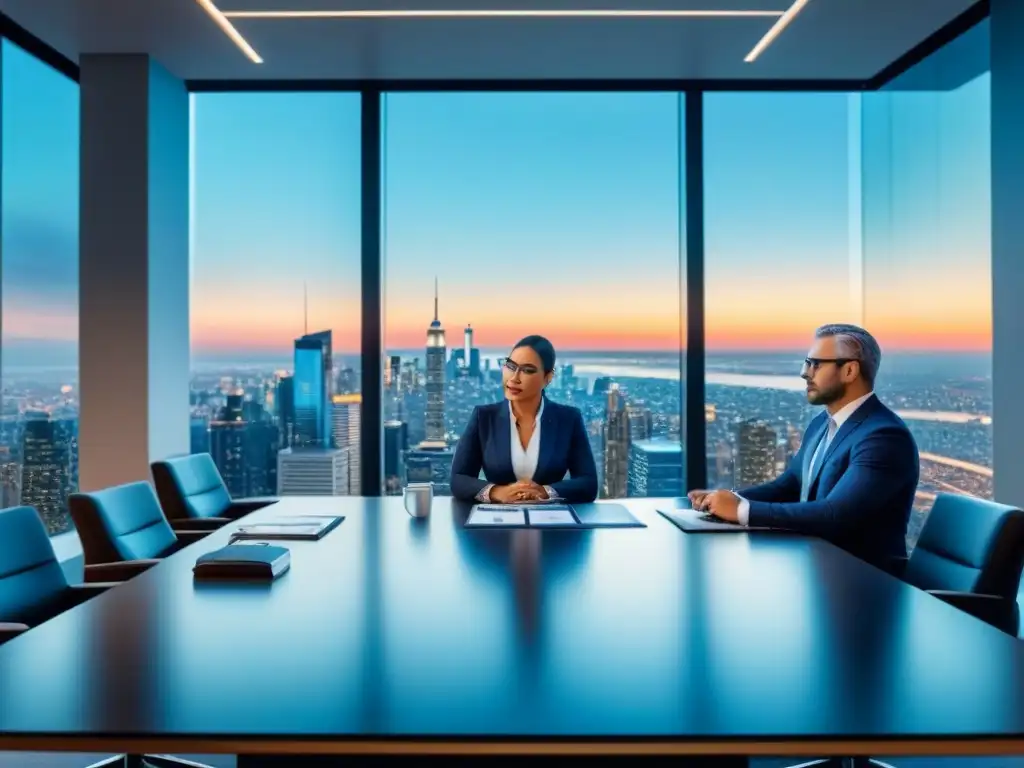 Asesor financiero en oficina moderna con vista panorámica Reunión de asesor financiero y cliente en elegante oficina con vistas a la ciudad