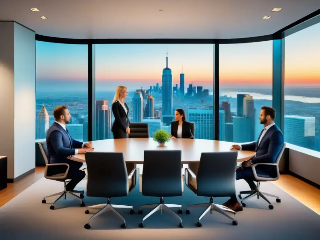 Conferencia de inversión inmobiliaria: colaboración y éxito Reunión colaborativa en lujosa sala de juntas con vista a la ciudad
