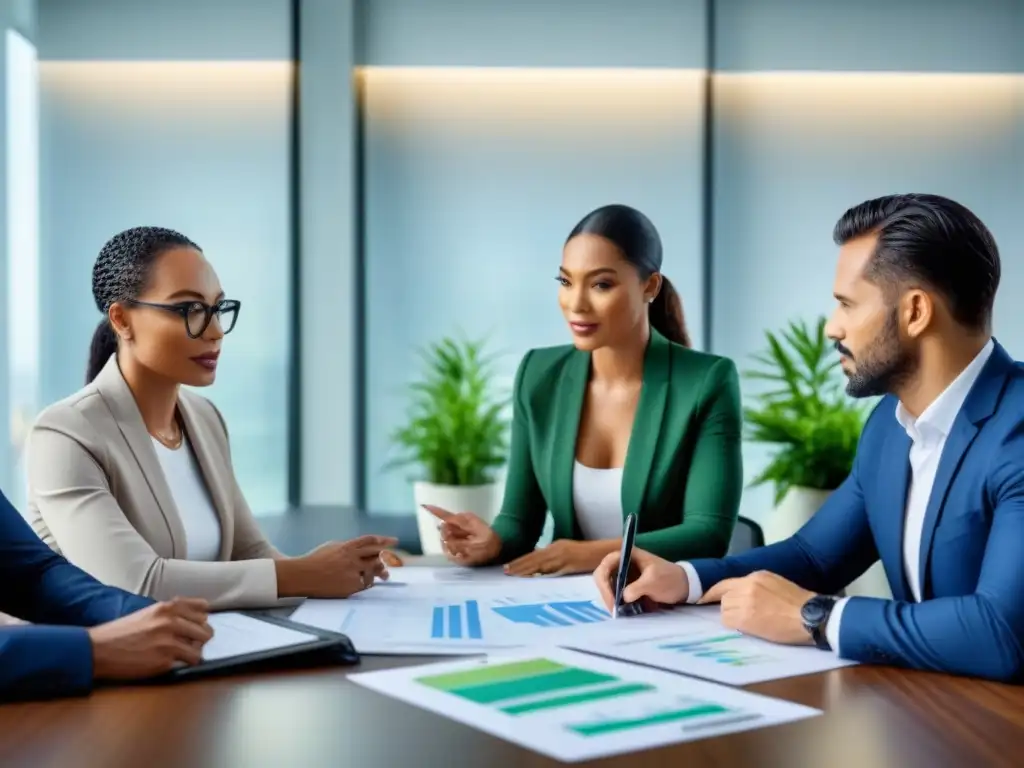 Profesionales diversificados discuten estrategias sostenibles Una reunión colaborativa de profesionales en una oficina moderna, discutiendo sobre inversión sostenible