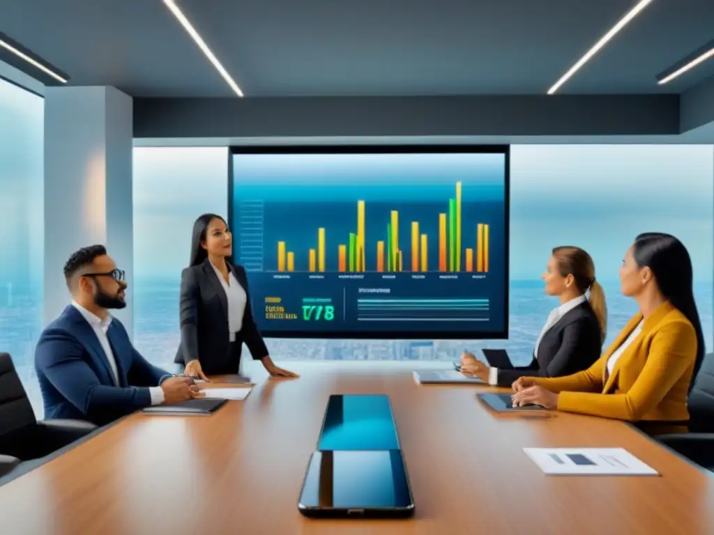 Inversores inmobiliarios estratégicos en reunión de alto nivel Una reunión dinámica de inversores inmobiliarios analizando indicadores clave en un entorno profesional y tecnológico, con vista a la ciudad