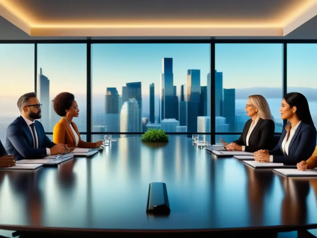Profesionales financieros en reunión estratégica de inversión inmobiliaria Una reunión dinámica de inversores profesionales en una sala moderna, con luz natural y vista panorámica a la ciudad