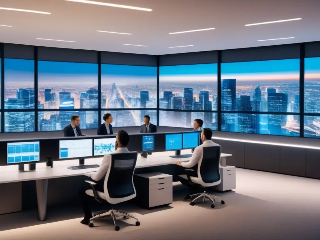 Reunión estratégica de profesionales en espacio comercial futurista Una reunión estratégica en un espacio comercial moderno con profesionales de seguridad y arquitectos
