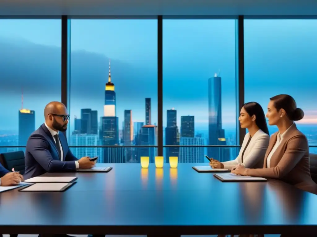 Inversionistas inmobiliarios estratégicos en reunión de alta tecnología Una reunión estratégica de inversores inmobiliarios en un entorno sofisticado y profesional, discutiendo estrategias de salida