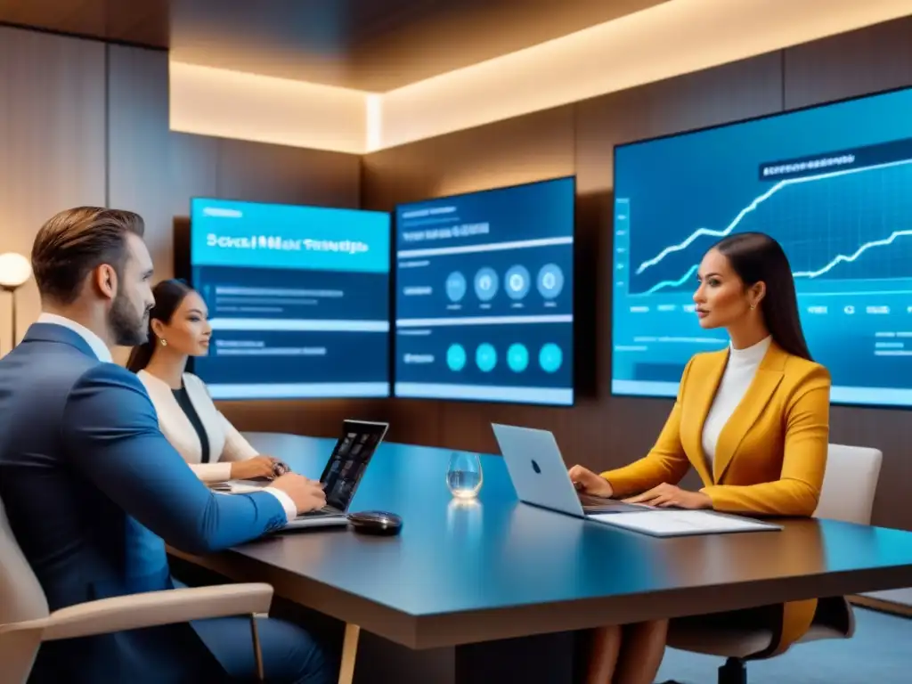 Reunión estratégica de marketing en redes sociales para marcas de lujo Reunión estratégica en lujoso salón con profesionales discutiendo estrategias redes sociales mercado lujo