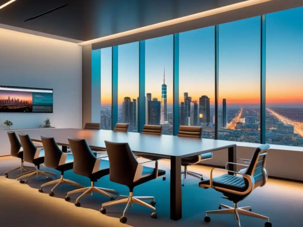 Reunión estratégica: inversión inmobiliaria en la ciudad al atardecer Una reunión estratégica en un moderno salón de juntas, donde se discuten estrategias de salida en inversiones inmobiliarias