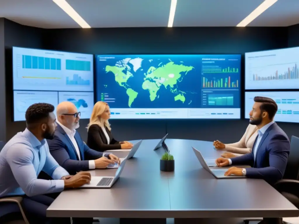 Reunión estratégica: profesionales analizan mercado con tecnología avanzada Una reunión estratégica de profesionales analizando datos demográficos para estrategias de mercado inmobiliario