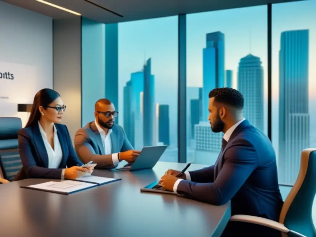 Profesionales colaborando en análisis de riesgos inmobiliarios Una reunión estratégica de profesionales en inversiones inmobiliarias, colaborando en un moderno edificio de oficinas