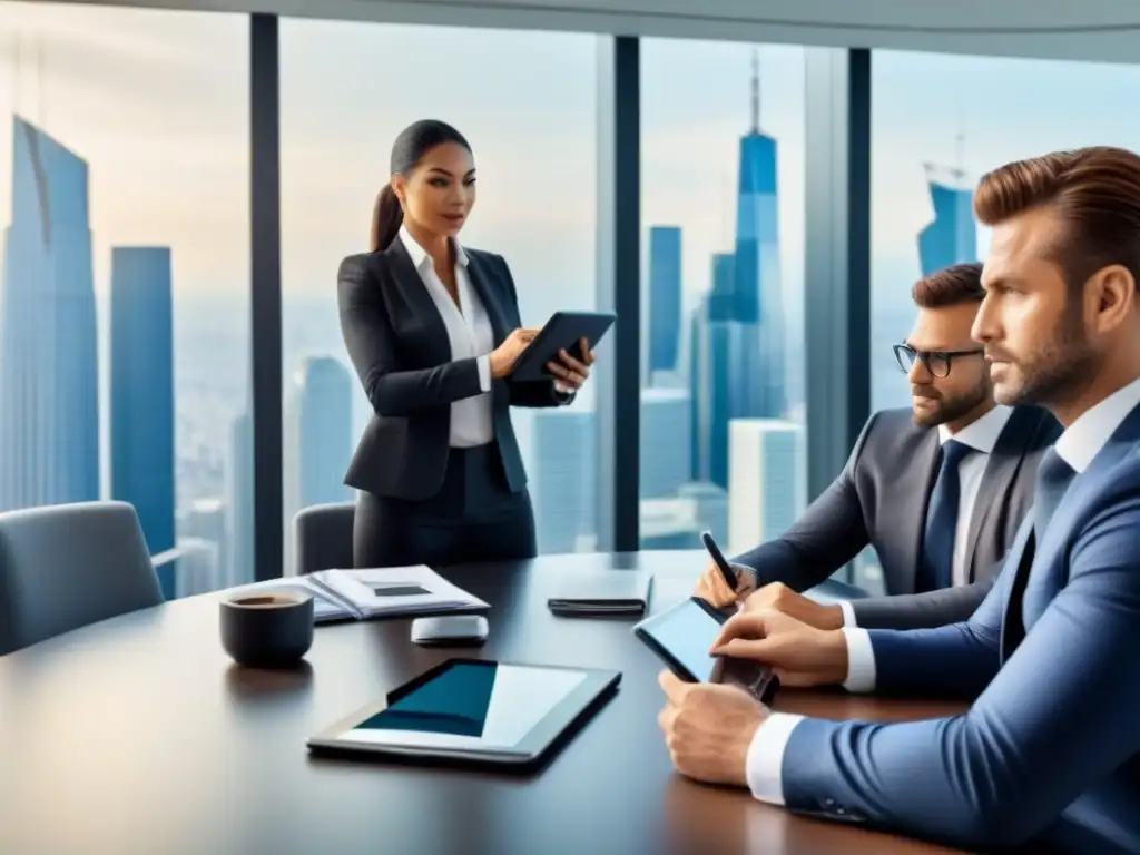 Reunión financiera exitosa en oficina moderna Reunión exitosa de asesores financieros y clientes en una oficina moderna