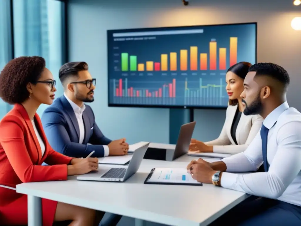 Una reunión financiera sofisticada con profesionales diversos discutiendo estratégicamente