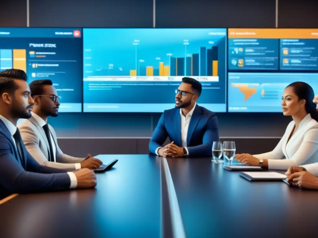 Reunión profesional de expertos en mercado inmobiliario Una reunión futurista de profesionales discutiendo sobre investigación de mercado en bienes raíces