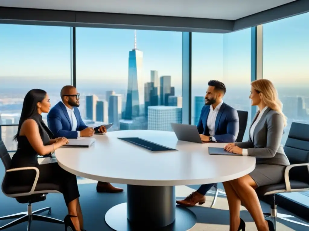 Inversionistas inmobiliarios diversificados en reunión de alto nivel Una reunión de inversores inmobiliarios en una sala moderna con vista a la ciudad