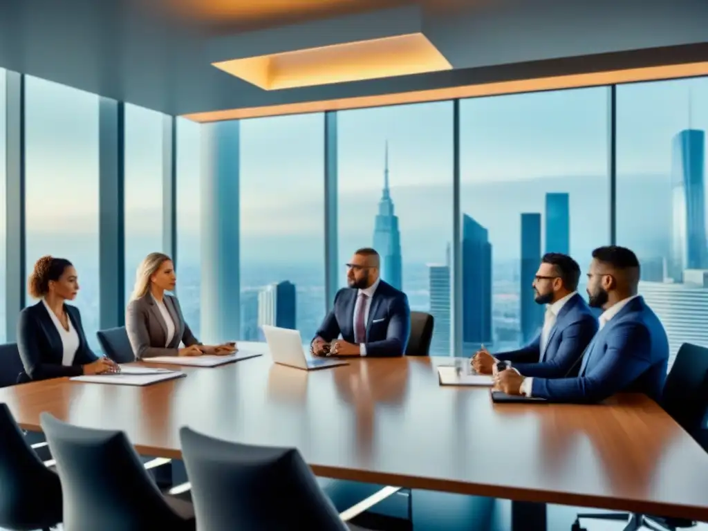 Inversores inmobiliarios colaborando en moderna oficina Reunión de inversores y propietarios inmobiliarios en moderna oficina con vista a la ciudad