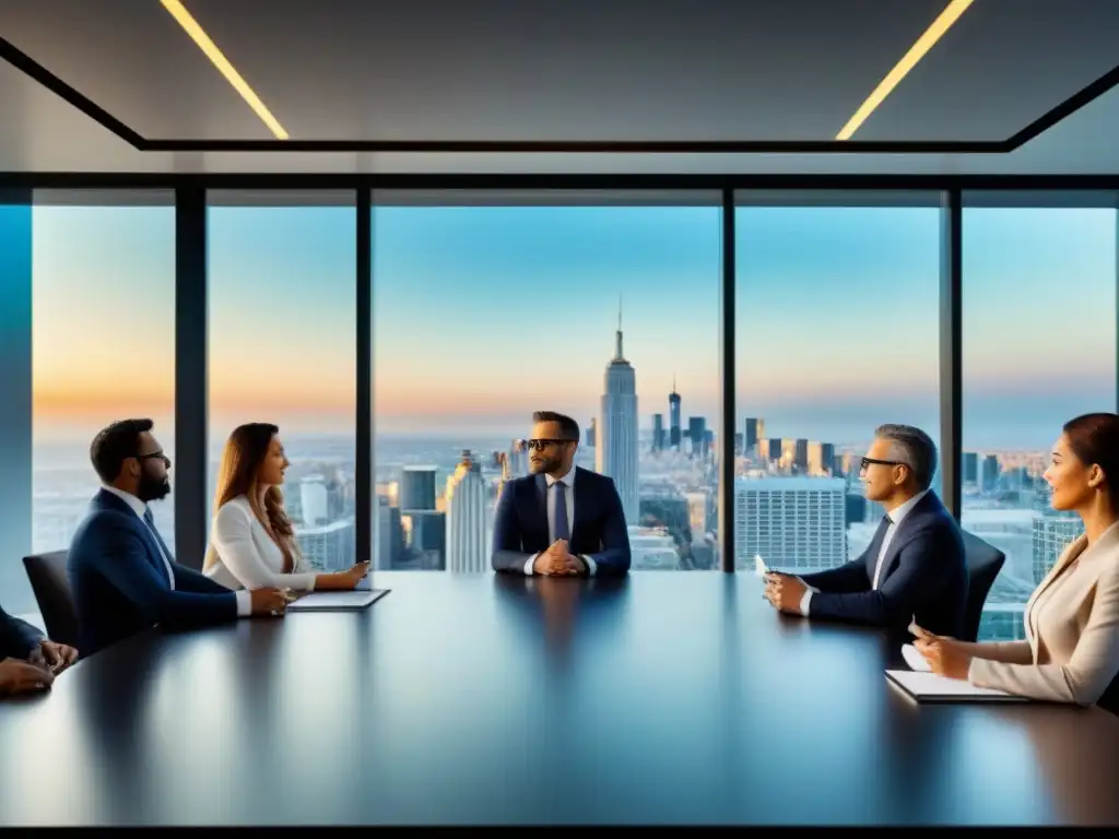 Reunión estratégica de inversionistas inmobiliarios en boardroom de lujo Reunión de inversores y propietarios en una sala de juntas moderna con tecnología avanzada
