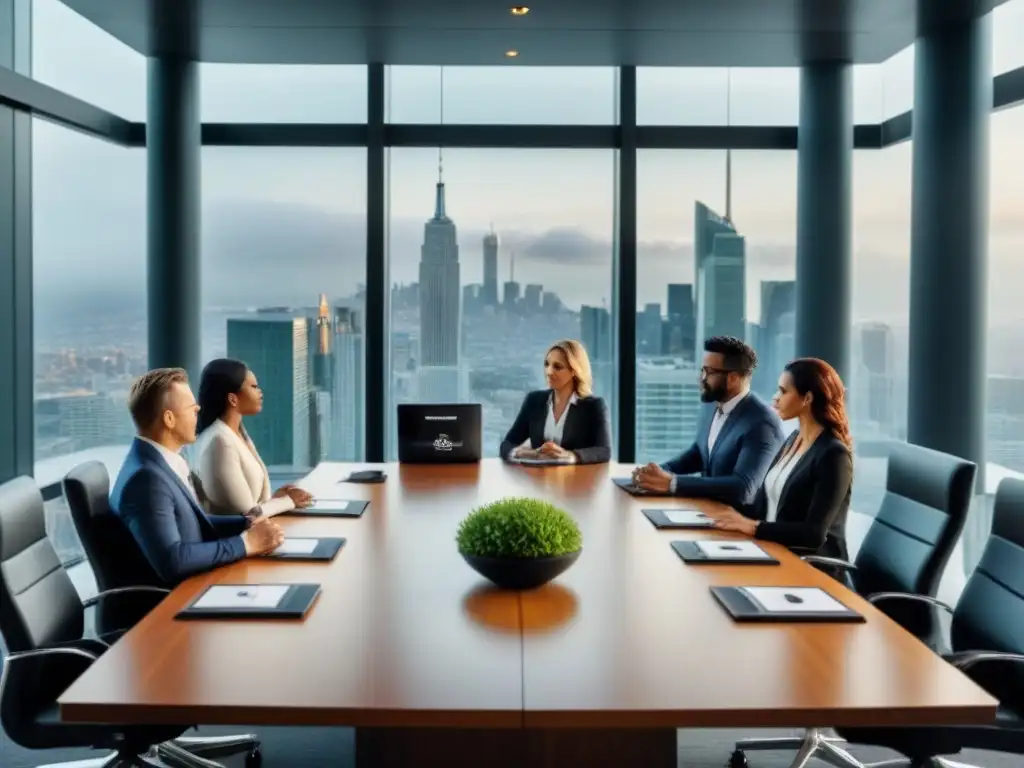 Sala de juntas de lujo con vista urbana y profesionales en acción Reunión de negocios en una lujosa sala de juntas con vista a la ciudad