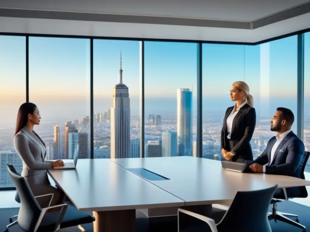 Reunión ejecutiva de innovación en consultoría inmobiliaria internacional Reunión de negocios en moderna sala de juntas con vista a la ciudad