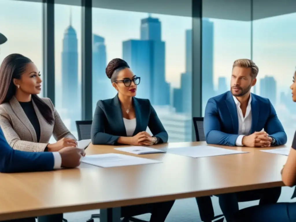 Reunión profesional de agentes inmobiliarios en oficina moderna Reunión profesional de agentes inmobiliarios con responsabilidad ética en oficina moderna