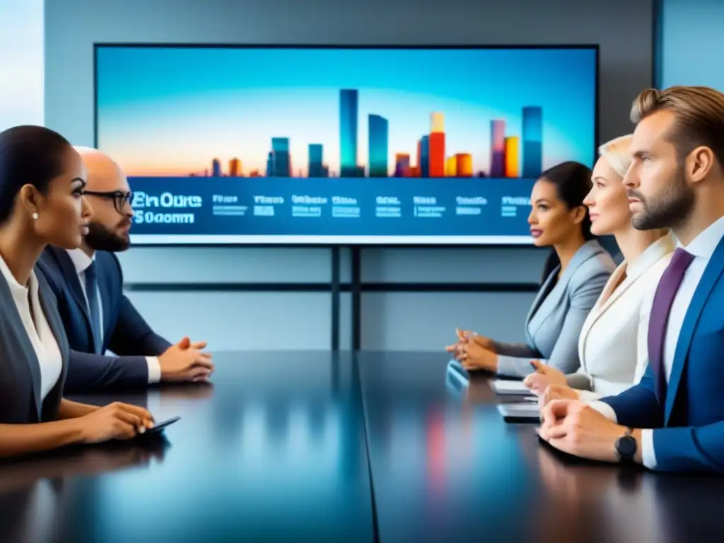 Profesionales debaten sobre REITs en sala de juntas moderna Una reunión profesional sobre Invertir en REITs desde casa en una sala bien iluminada y moderna