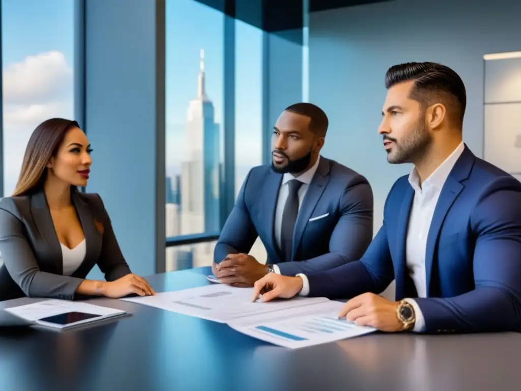 Profesionales de diversidad en discusión inmobiliaria en oficina urbana Una reunión profesional diversa sobre derechos de propiedad en inmobiliaria en una oficina contemporánea