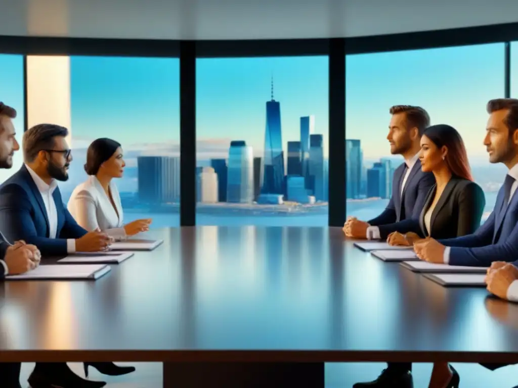Profesionales debaten estrategias de inversión inmobiliaria Una reunión profesional sobre planificación fiscal de inversiones inmobiliarias en una sala moderna con vista a la ciudad