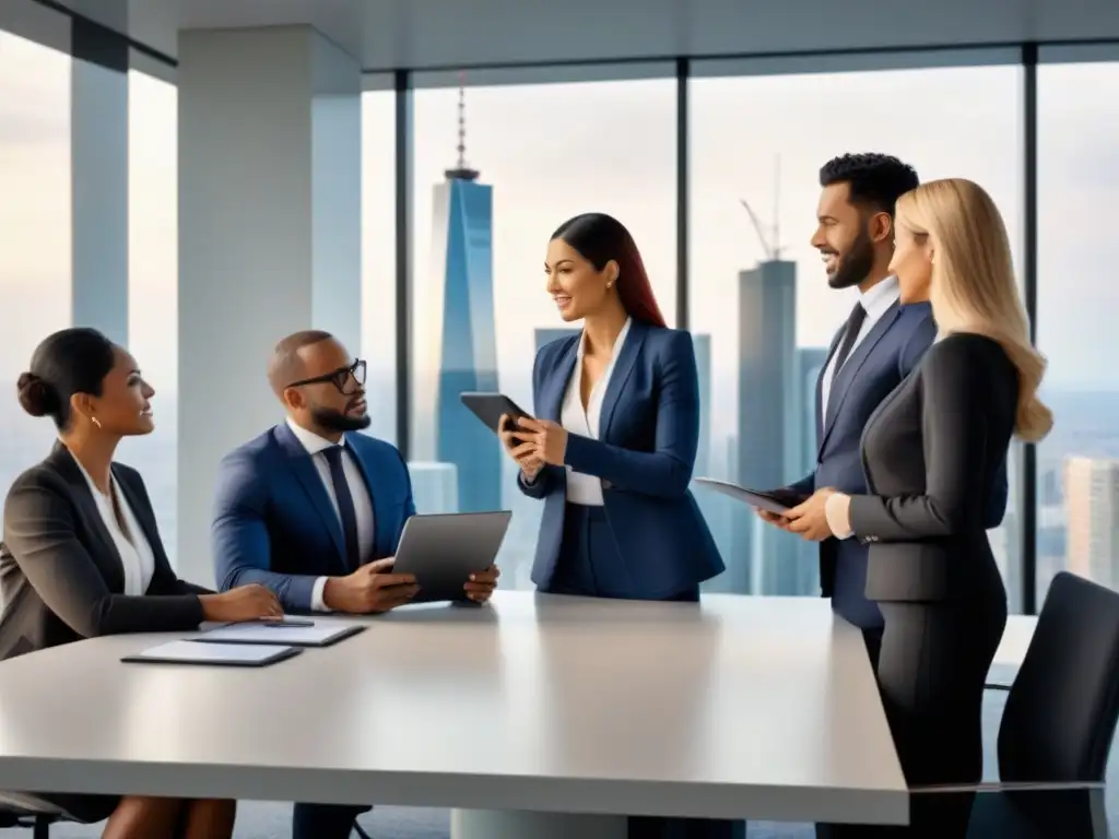 Reunión de profesionales: Inversiones inmobiliarias internacionales Una reunión profesional en una moderna sala de juntas, con expertos en inversiones inmobiliarias internacionales de diversas edades y etnias, discutiendo con entusiasmo