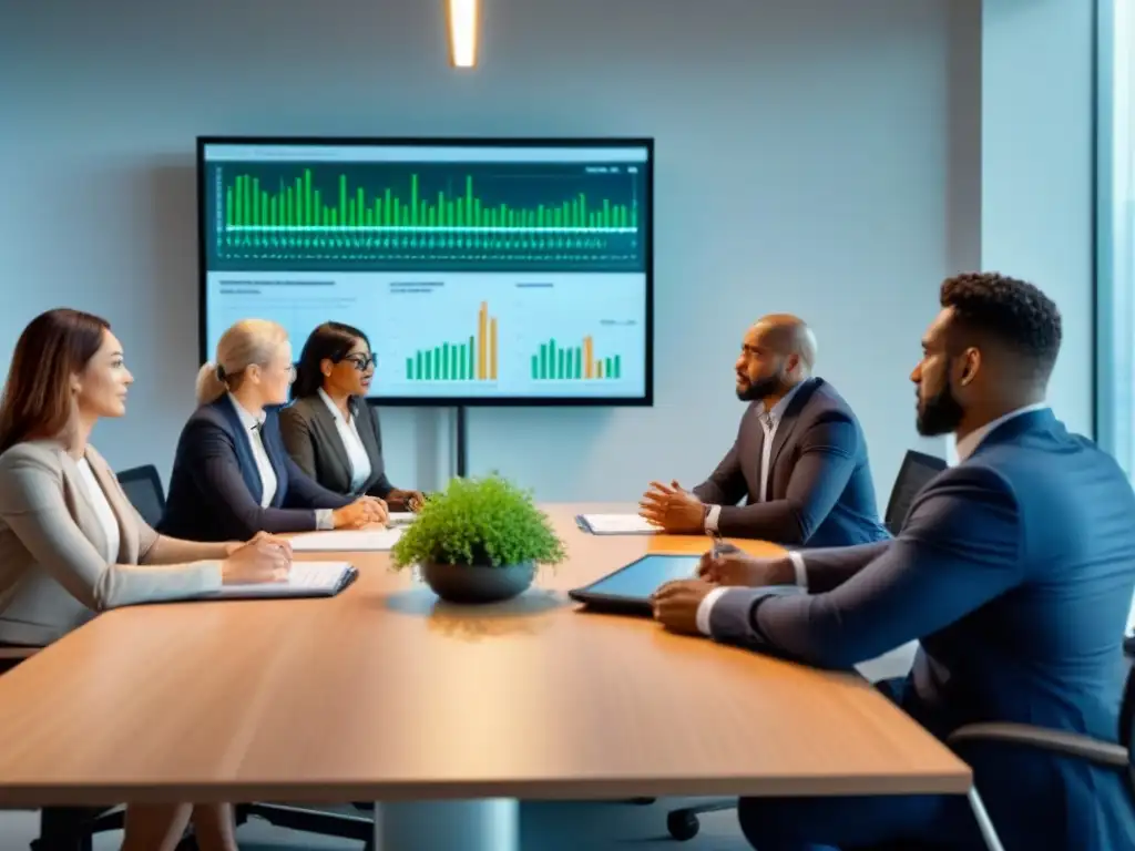 Reunión de profesionales en oficina moderna: colaboración y profesionalismo Una reunión profesional en una oficina moderna y luminosa, con expertos discutiendo refinanciamiento en término hipoteca