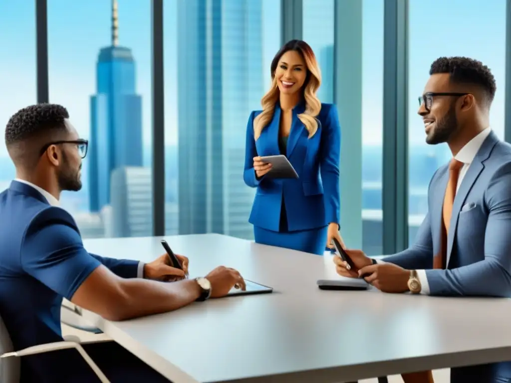 Reunión profesional en oficina moderna Una reunión profesional en una oficina moderna con diversos expertos en inversión inmobiliaria discutiendo estrategias
