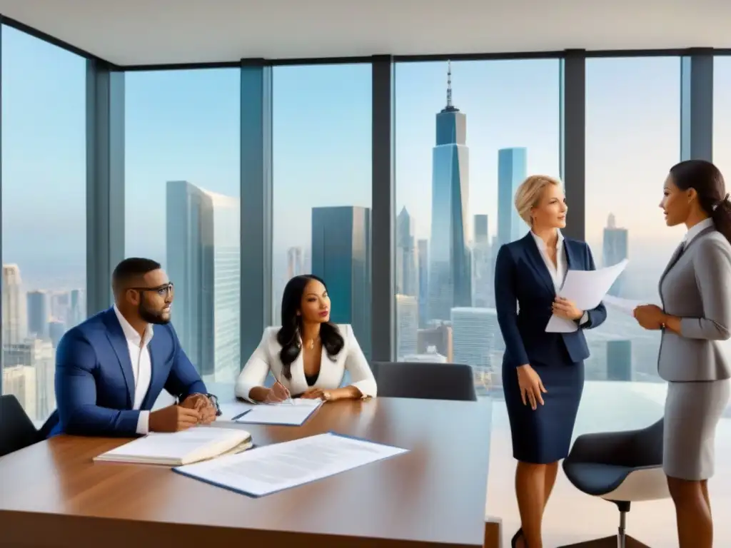 Profesionales en reunión estratégica: abogados y agentes inmobiliarios debaten en oficina moderna Una reunión profesional en una oficina moderna, con expertos discutiendo contratos de compraventa inmobiliaria