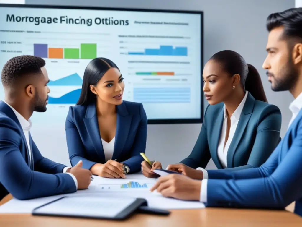 Conversaciones financieras: decisiones informadas para hipotecas Una reunión profesional sobre opciones de financiamiento con mal crédito, con gráficos de fondo