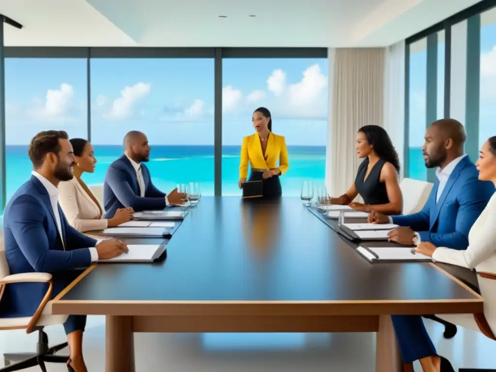 Profesionales en reunión de negocios en paraíso bahameño Reunión de profesionales en Las Bahamas, reflejando colaboración y expertise en inversión inmobiliaria