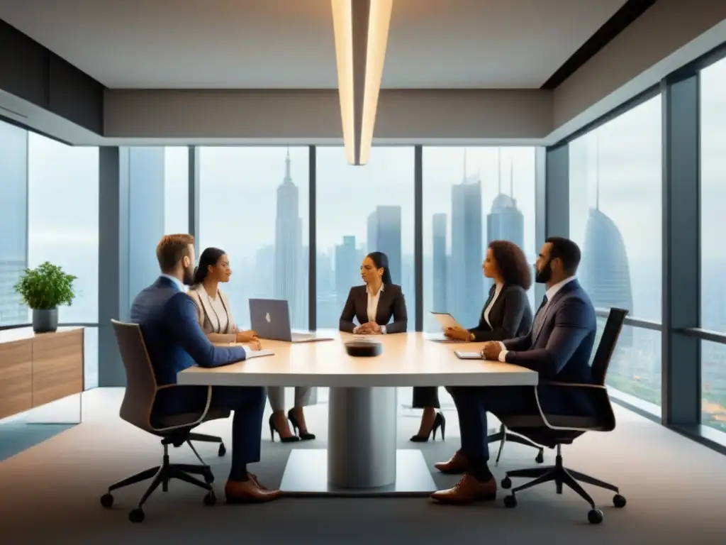Profesionales diversos discuten activos inmobiliarios Una reunión de profesionales diversos discutiendo beneficios titulización activos inmobiliarios en una oficina moderna y luminosa