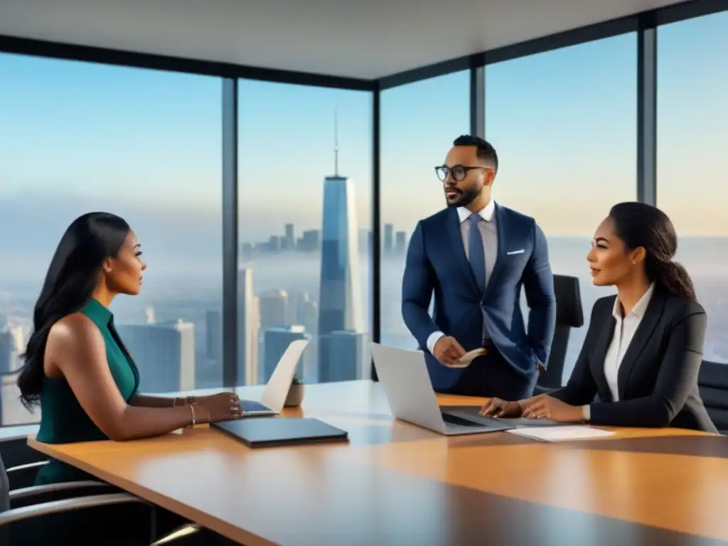 Reunión de profesionales en inversión inmobiliaria internacional Una reunión de profesionales con diferentes culturas en una oficina moderna, discutiendo sobre inversiones inmobiliarias internacionales