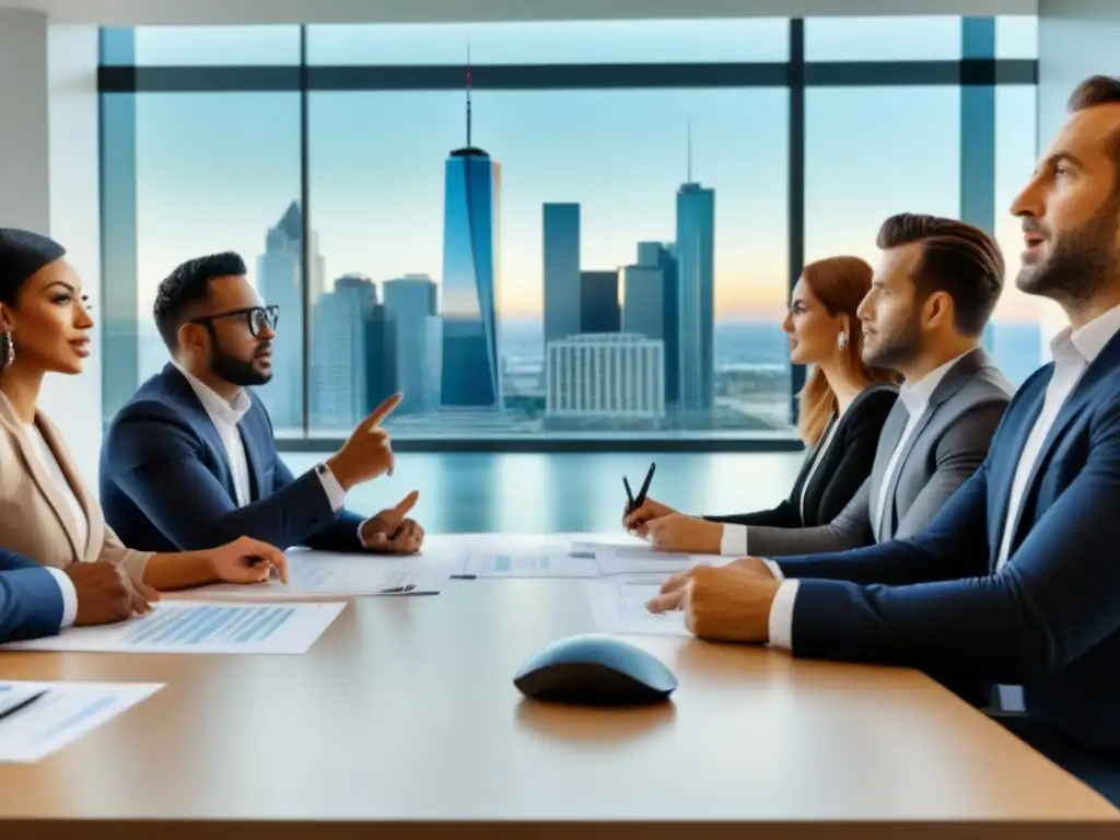 Reunión estratégica de profesionales en inversión inmobiliaria Una reunión de profesionales diversa y activa discutiendo estrategias de inversión inmobiliaria, con gráficos y planos