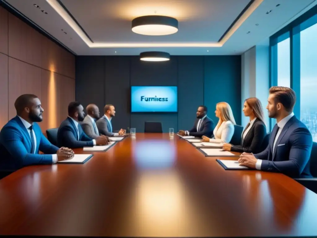 Negociaciones financieras exitosas: profesionales en reunión estratégica Una reunión de profesionales diversa en una sala de juntas moderna, discutiendo estratégicamente sobre refinanciamiento hipoteca inmobiliaria