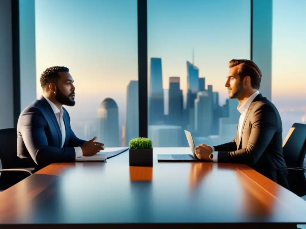 Reunión de expertos en inversión inmobiliaria Una reunión de profesionales diversos en trajes de negocios, discutiendo en una sala con luz natural y vista a la ciudad