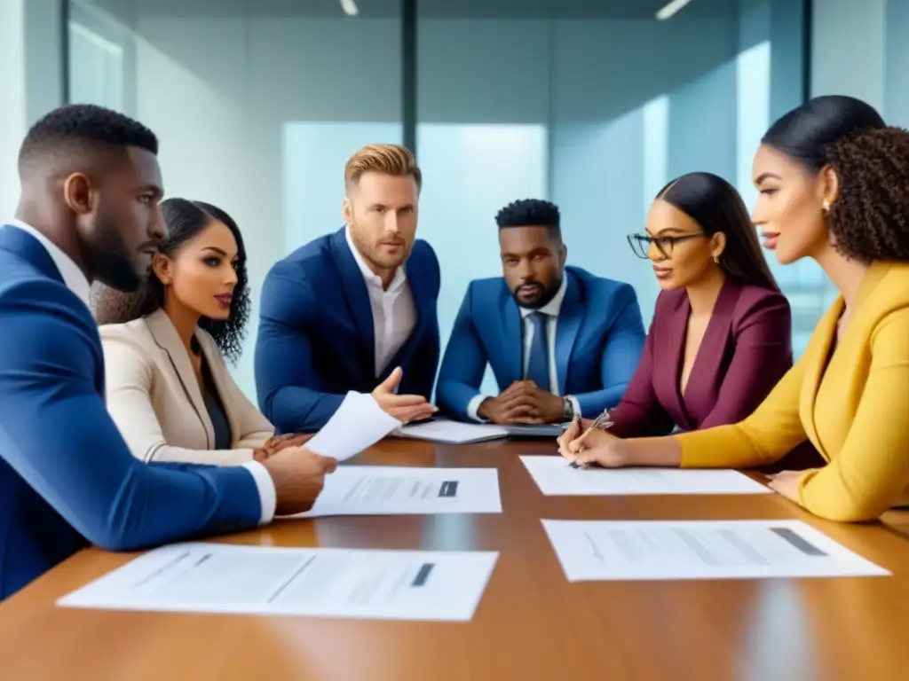 Profesionales diversos colaborando en reunión financiera Reunión de profesionales discutiendo documentos financieros en una oficina luminosa
