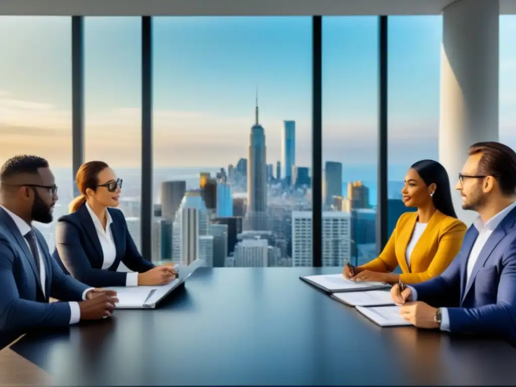 Profesionales diversificados discuten estrategias de inversión inmobiliaria con IRAs Una reunión de profesionales diversos discutiendo estrategias de inversión inmobiliaria con IRA en una sala moderna con vista a la ciudad
