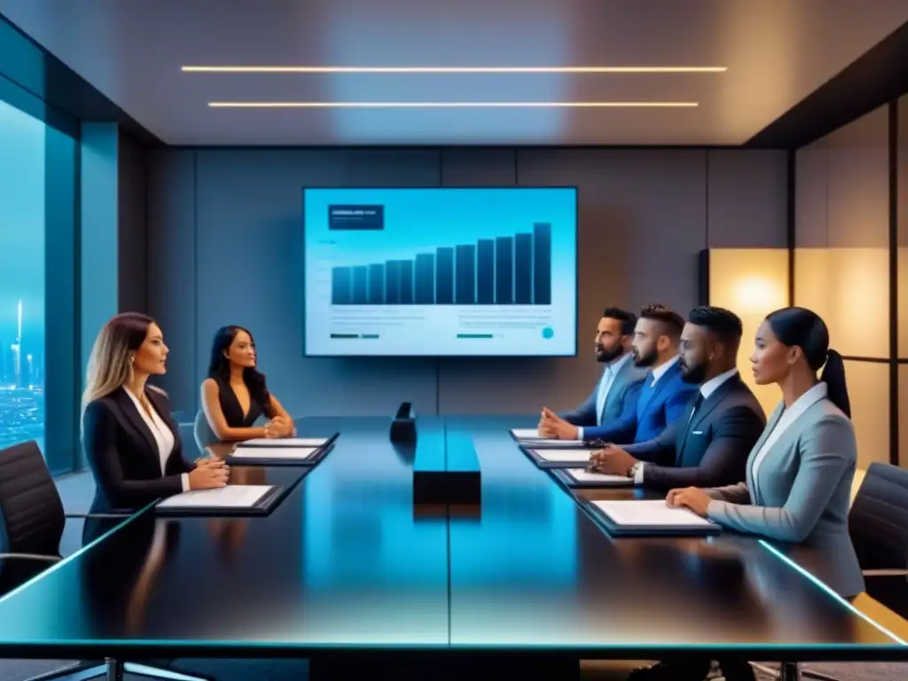 Estrategias de inversión inmobiliaria: reunión diversa en sala futurista Reunión de profesionales diversos planificando fiscal inversiones inmobiliarias en sala futurista