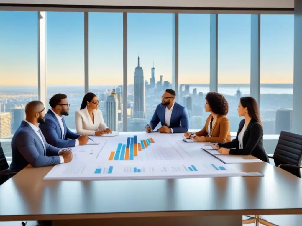 Profesionales inmobiliarios en reunión estratégica Reunión de profesionales inmobiliarios planificando estrategias de salida, en ambiente moderno y colaborativo