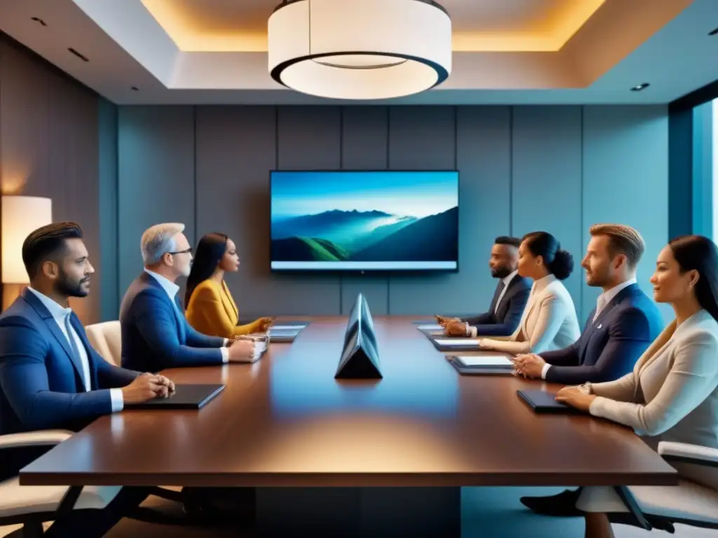 Profesionales internacionales de lujo en sala de juntas Una reunión de profesionales internacionales en una lujosa sala de juntas, discutiendo sobre blanqueo de capitales en el mercado inmobiliario