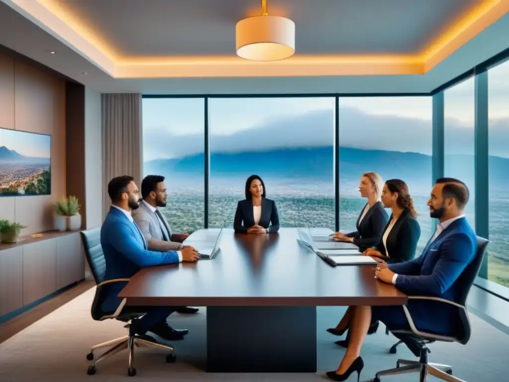 Profesionales discuten leyes inmobiliarias en San Vicente Una reunión de profesionales en un moderno salón con vista a San Vicente, discutiendo la regulación inmobiliaria