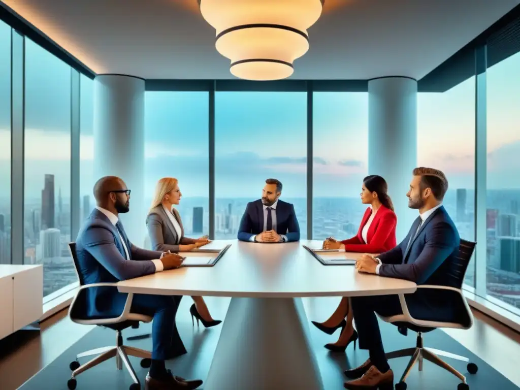 Profesionales en reunión estratégica en oficina moderna Reunión de profesionales en oficina moderna, discutiendo inversión en bienes raíces extranjeros