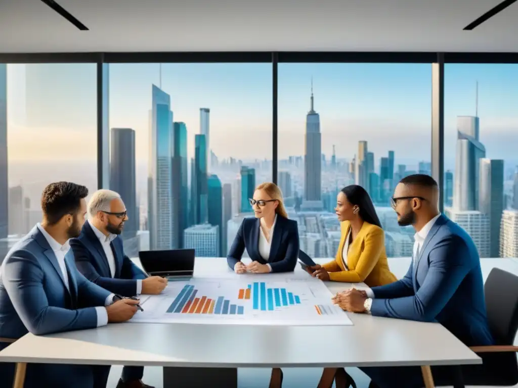 Reunión de expertos en inversión inmobiliaria Una reunión de profesionales en una oficina moderna, analizando gráficos e informes sobre Fondos de Inversión Inmobiliaria 2023