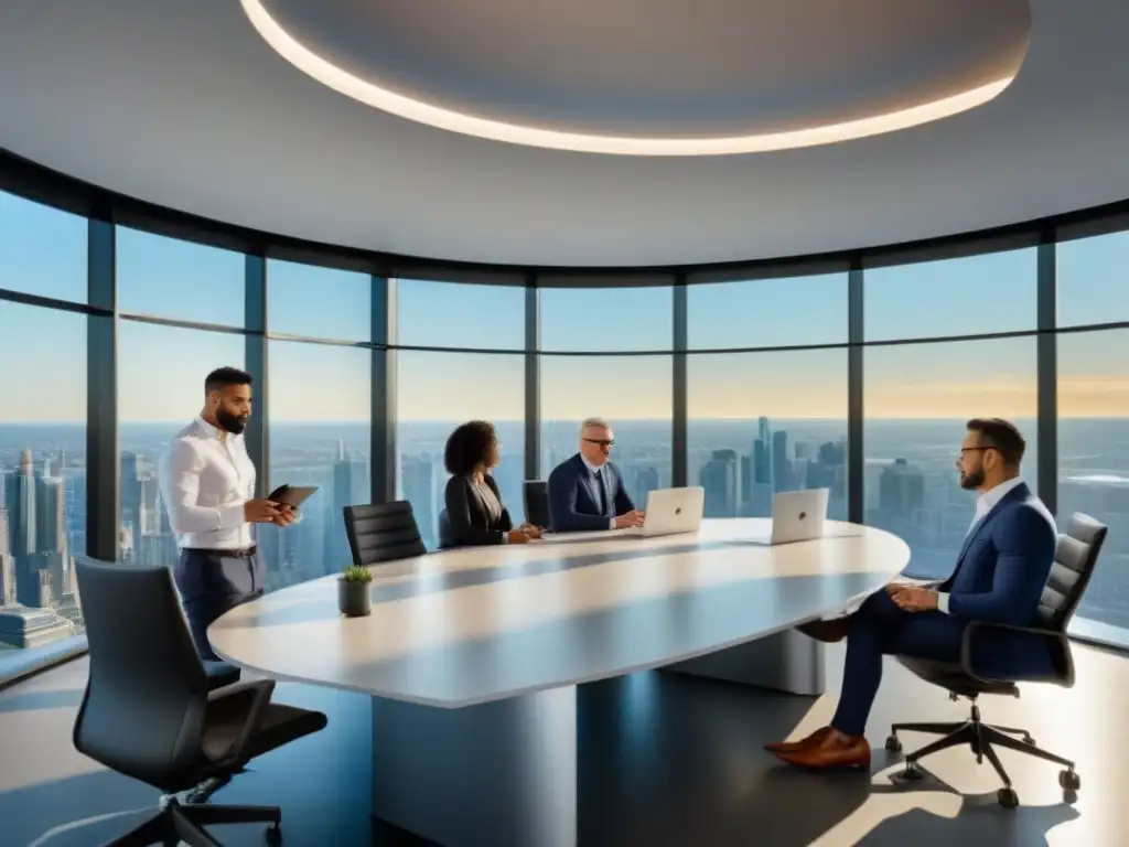 Reunión profesional en oficina moderna y luminosa Reunión de profesionales en una oficina moderna con vista a la ciudad