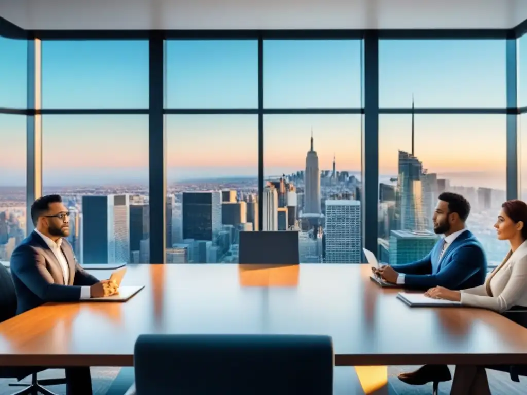Profesionales diversificados en reunión de financiamiento inmobiliario Reunión de profesionales en sala de juntas moderna, discutiendo estrategias de Swaps de tasas de interés inmobiliaria