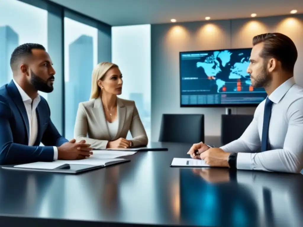 Profesionales enfocados en estrategias de inversión inmobiliaria Una reunión de profesionales serios evaluando riesgos estratégicos en inversión inmobiliaria