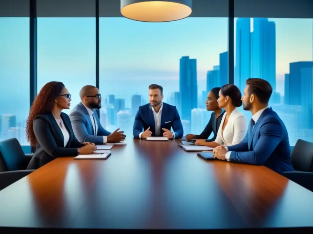 Reunión de profesionales debatiendo estrategias de inversión Una reunión de profesionales en traje de negocios discutiendo estrategias de inversión en propiedades en remate en una oficina moderna y luminosa