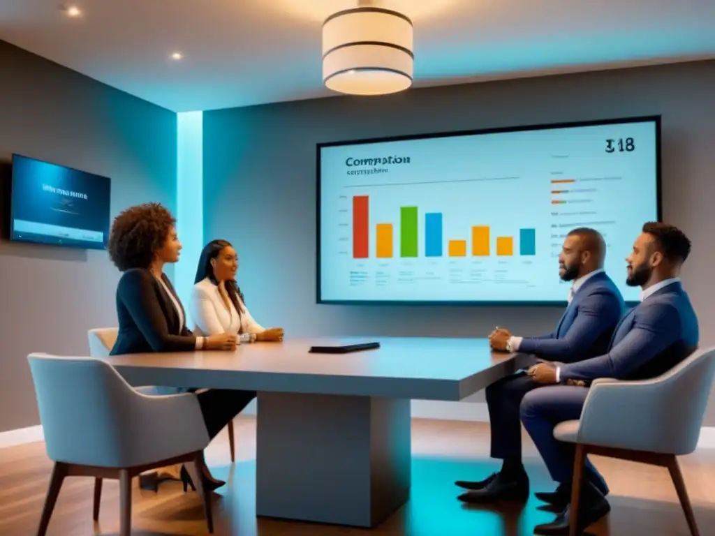 Reunión experta de propietarios con asesor financiero en sala elegante Reunión de propietarios de viviendas en sala moderna, escuchando estrategias de refinanciamiento