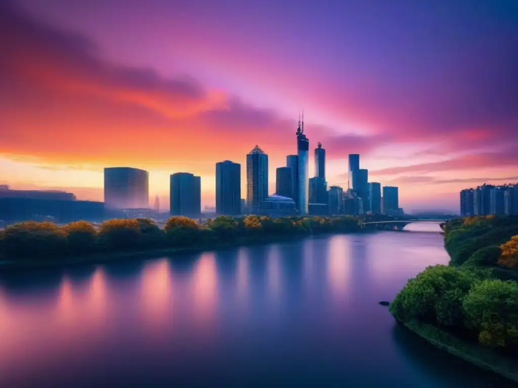 Skyline urbano vibrante al anochecer: revitalización exitosa Revitalización urbana: modernos rascacielos iluminados reflejados en un río al atardecer
